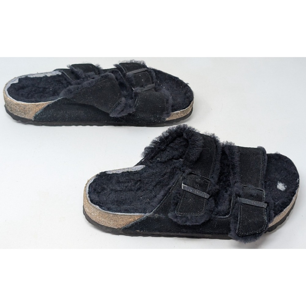 Birkenstock Arizona Shearling Lined Fur Suede Leather Sandals Women's 38 7 Black